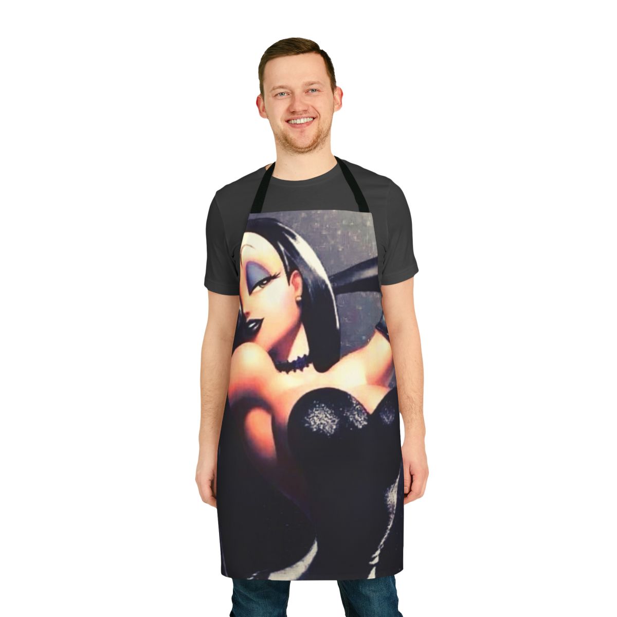A black apron with a sexy, cartoon-inspired design featuring a curvaceous, rabbit-like figure.