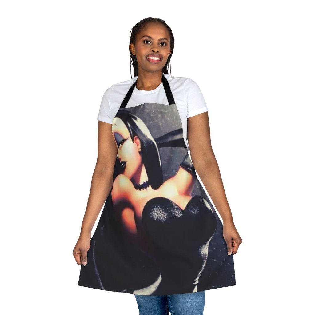 A black apron with a sexy, cartoon-inspired design featuring a curvaceous, rabbit-like figure.