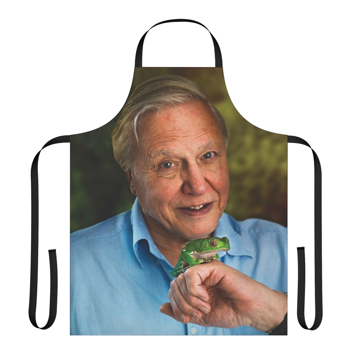 Custom all-over print apron featuring a vibrant David Attenborough design for nature enthusiasts