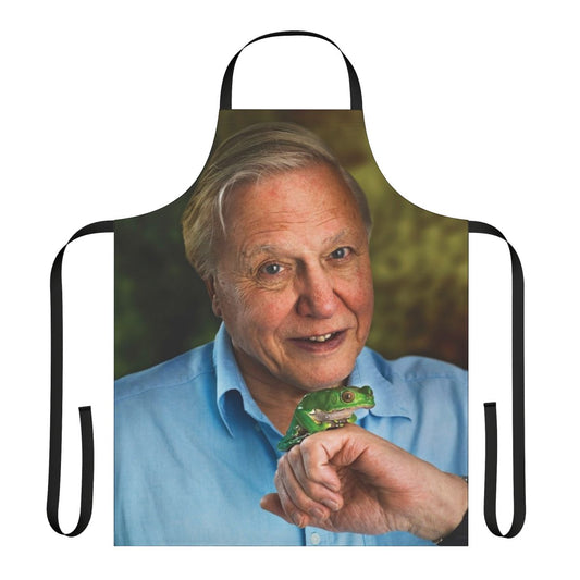 Custom all-over print apron featuring a vibrant David Attenborough design for nature enthusiasts