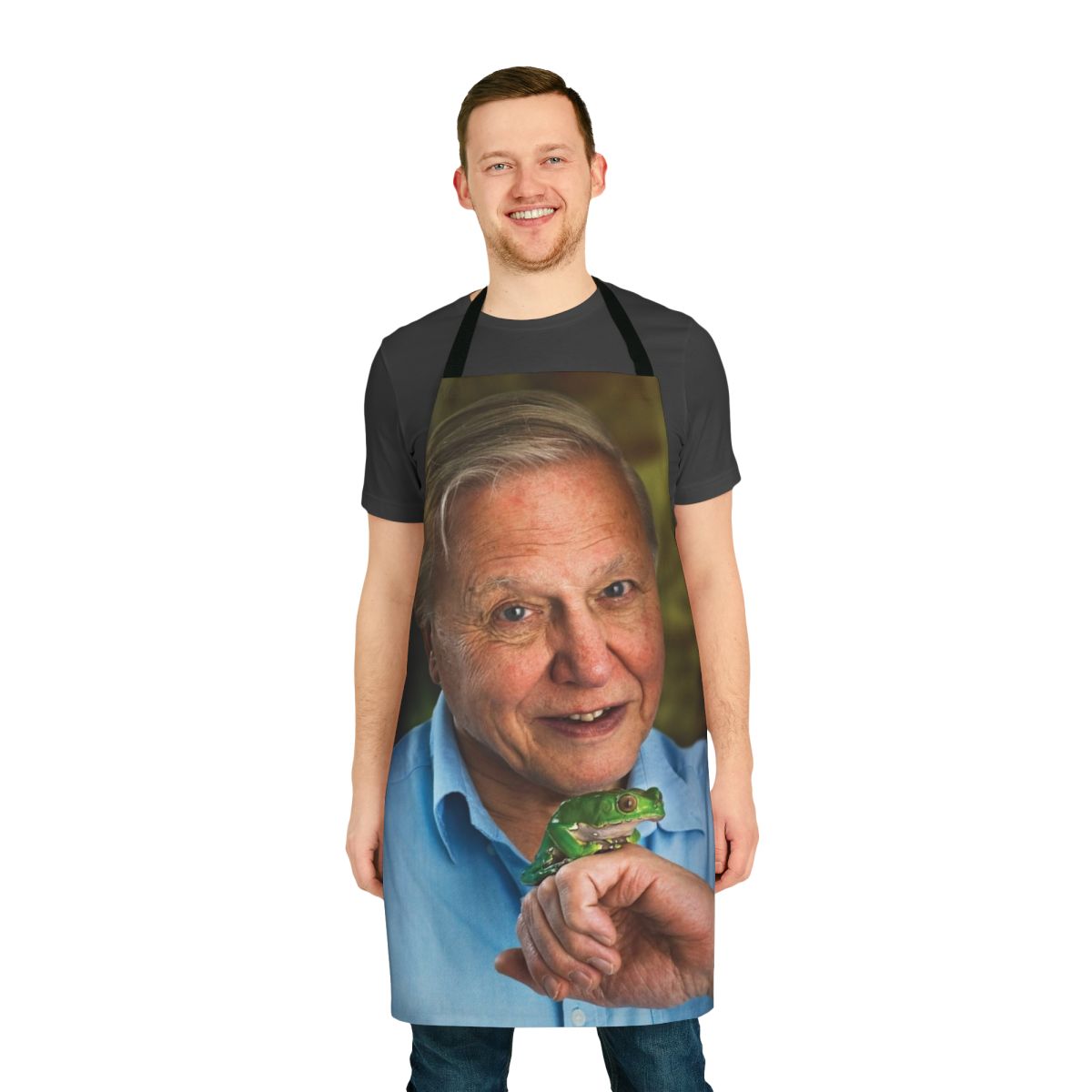 Custom all-over print apron featuring a vibrant David Attenborough design for nature enthusiasts