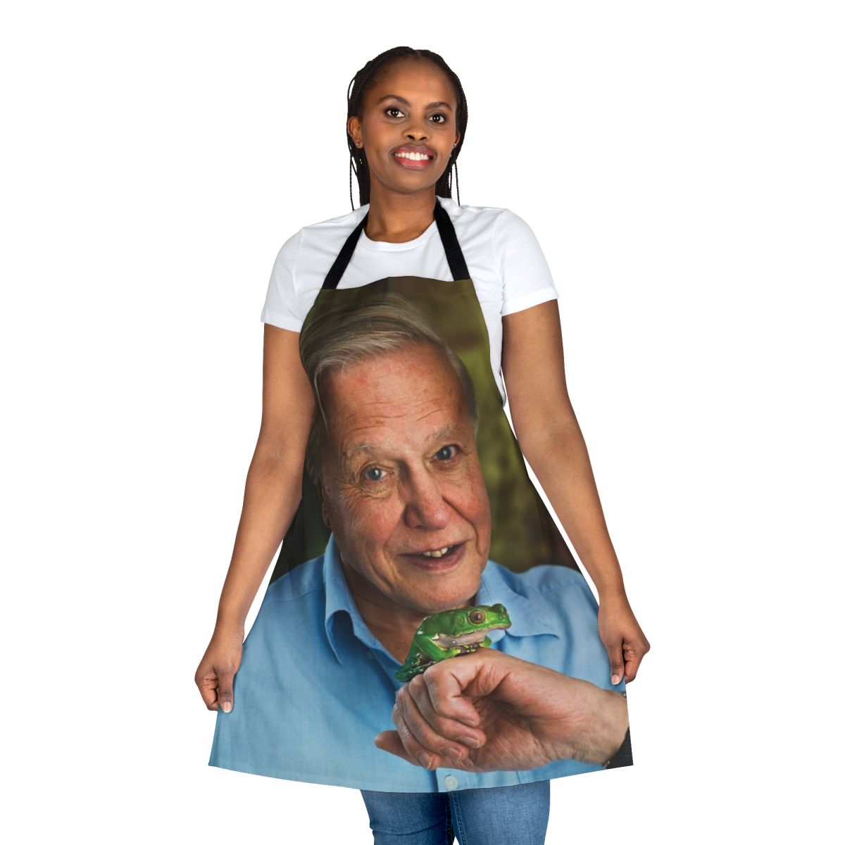Custom all-over print apron featuring a vibrant David Attenborough design for nature enthusiasts