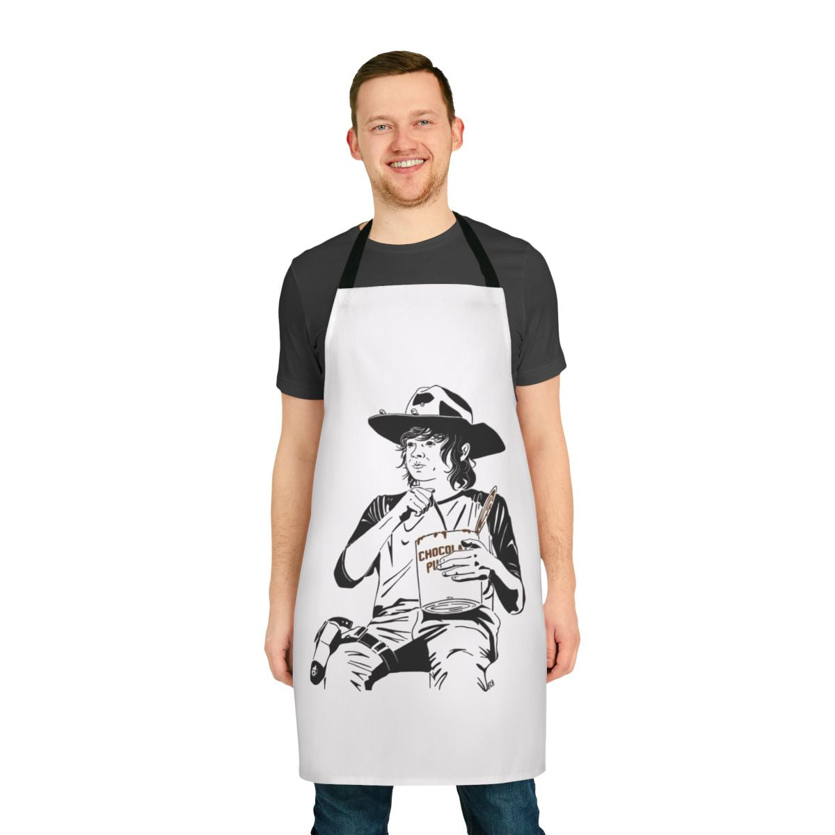 Custom fanart apron featuring a line art design inspired by The Walking Dead character Carl Grimes