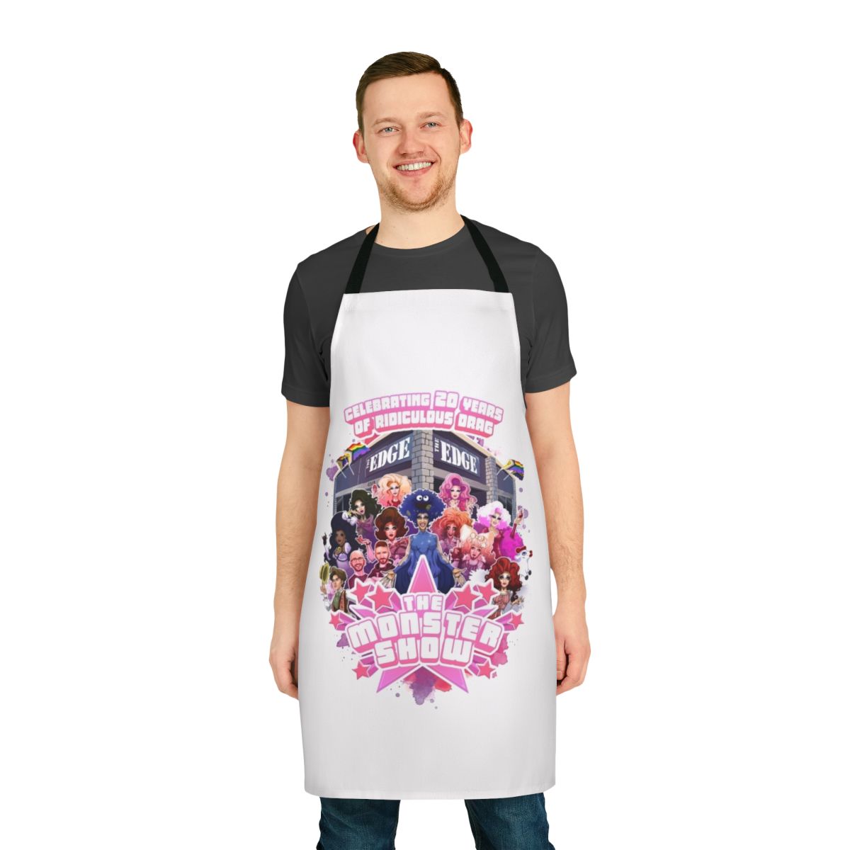 Colorful 20th anniversary apron with drag queen and LGBT pride design