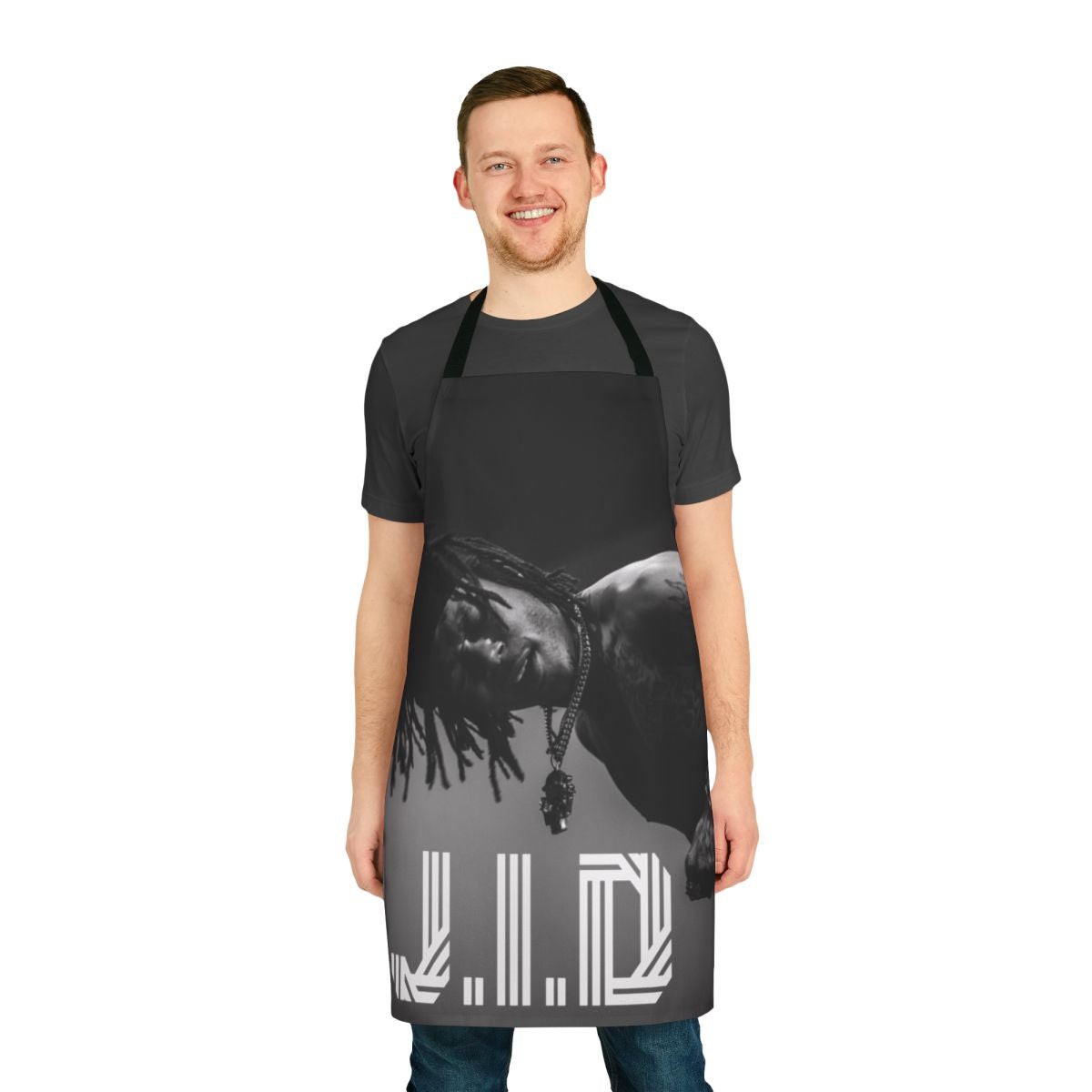 A custom-made apron featuring the likeness of rapper J.I.D, designed for music fans