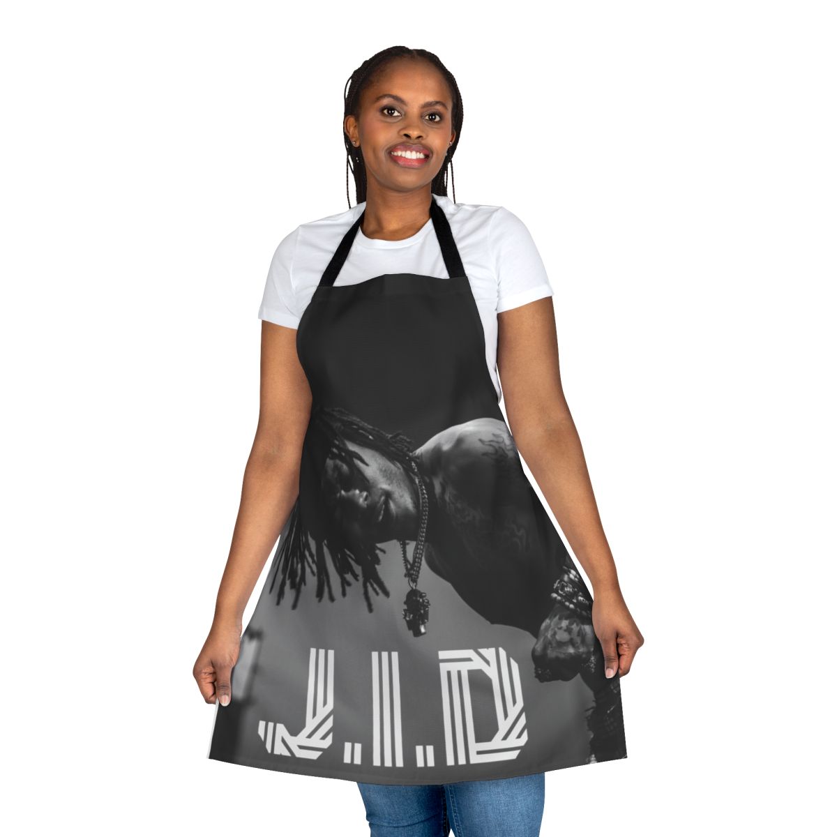 A custom-made apron featuring the likeness of rapper J.I.D, designed for music fans