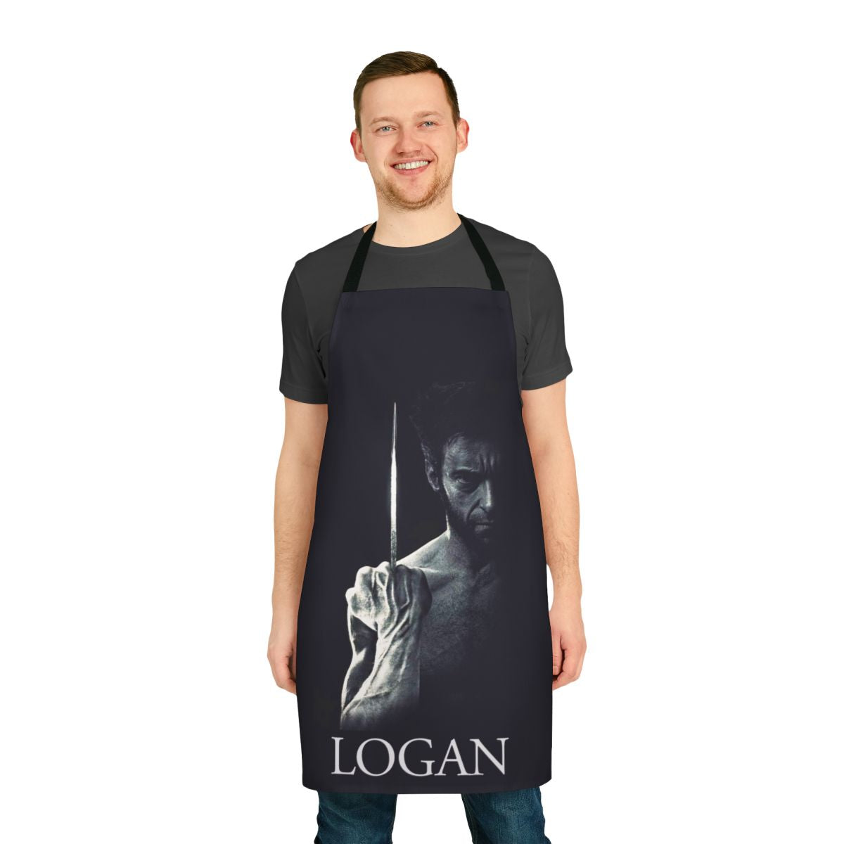 Blue apron with Logan/Wolverine from X-Men movie inspired design
