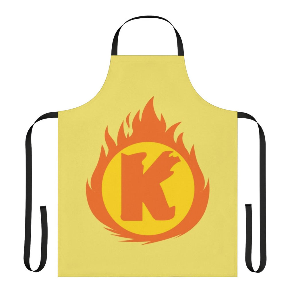 Apron featuring a bold superhero letter K insignia in a fiery red and orange design