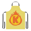 Apron featuring a bold superhero letter K insignia in a fiery red and orange design