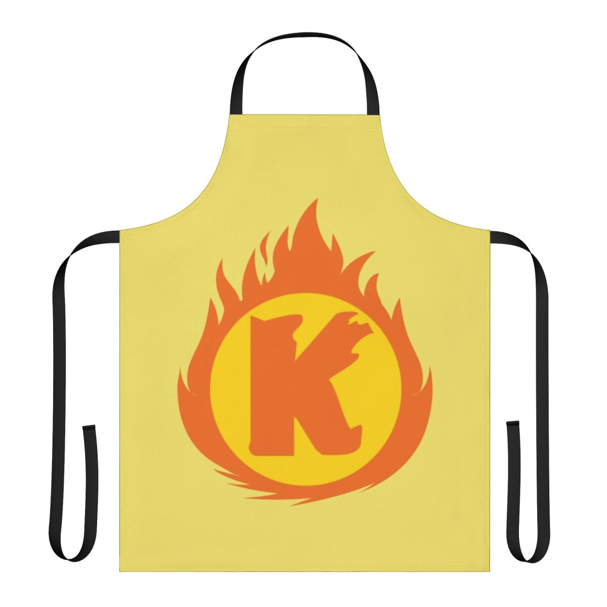 Apron featuring a bold superhero letter K insignia in a fiery red and orange design