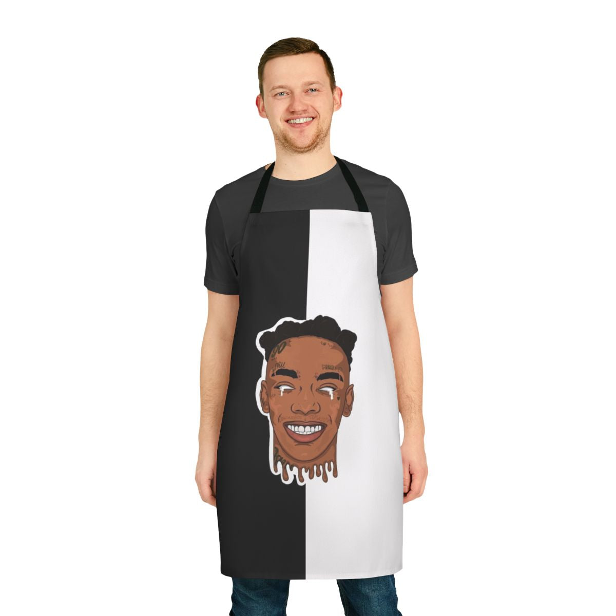 Custom black and white apron featuring YNW Melly inspired design
