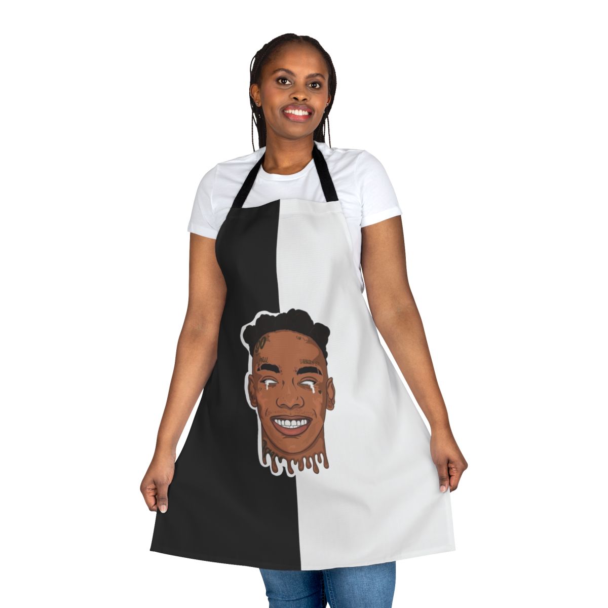 Custom black and white apron featuring YNW Melly inspired design