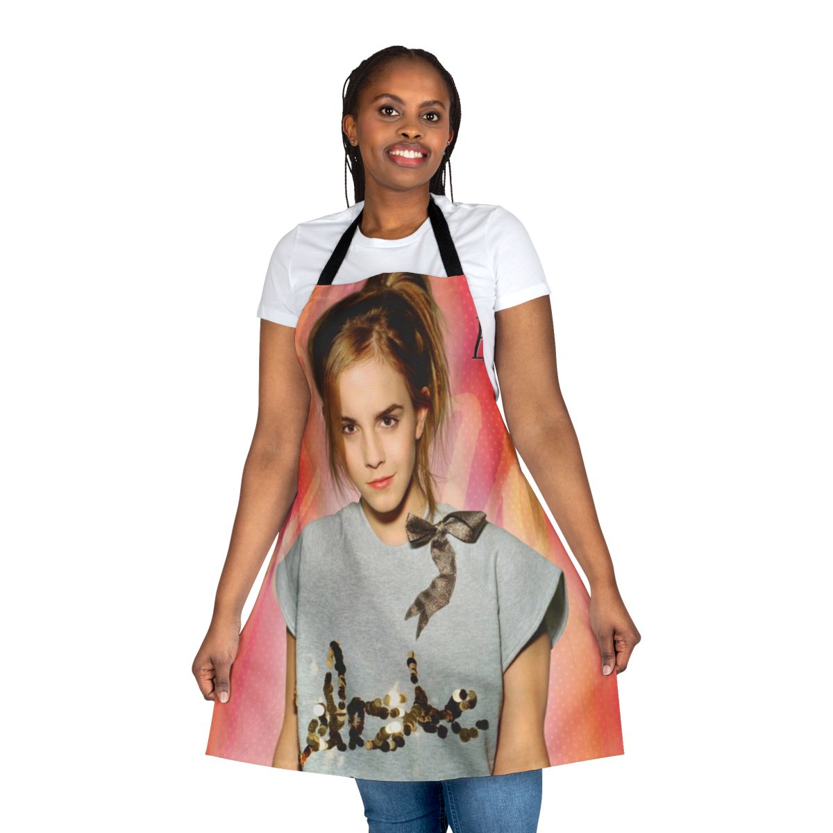 Customizable apron featuring Emma Watson, star of The Perks of Being a Wallflower and Beauty and the Beast.