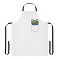 A white apron with pockets featuring various popular Twitch and gaming emotes and memes.