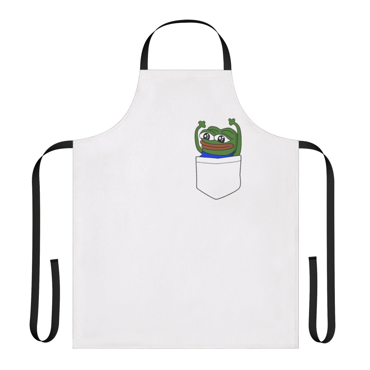 A white apron with pockets featuring various popular Twitch and gaming emotes and memes.