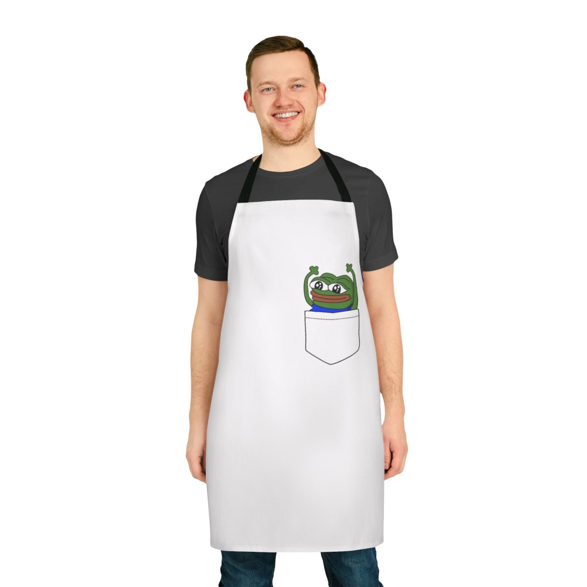 A white apron with pockets featuring various popular Twitch and gaming emotes and memes.