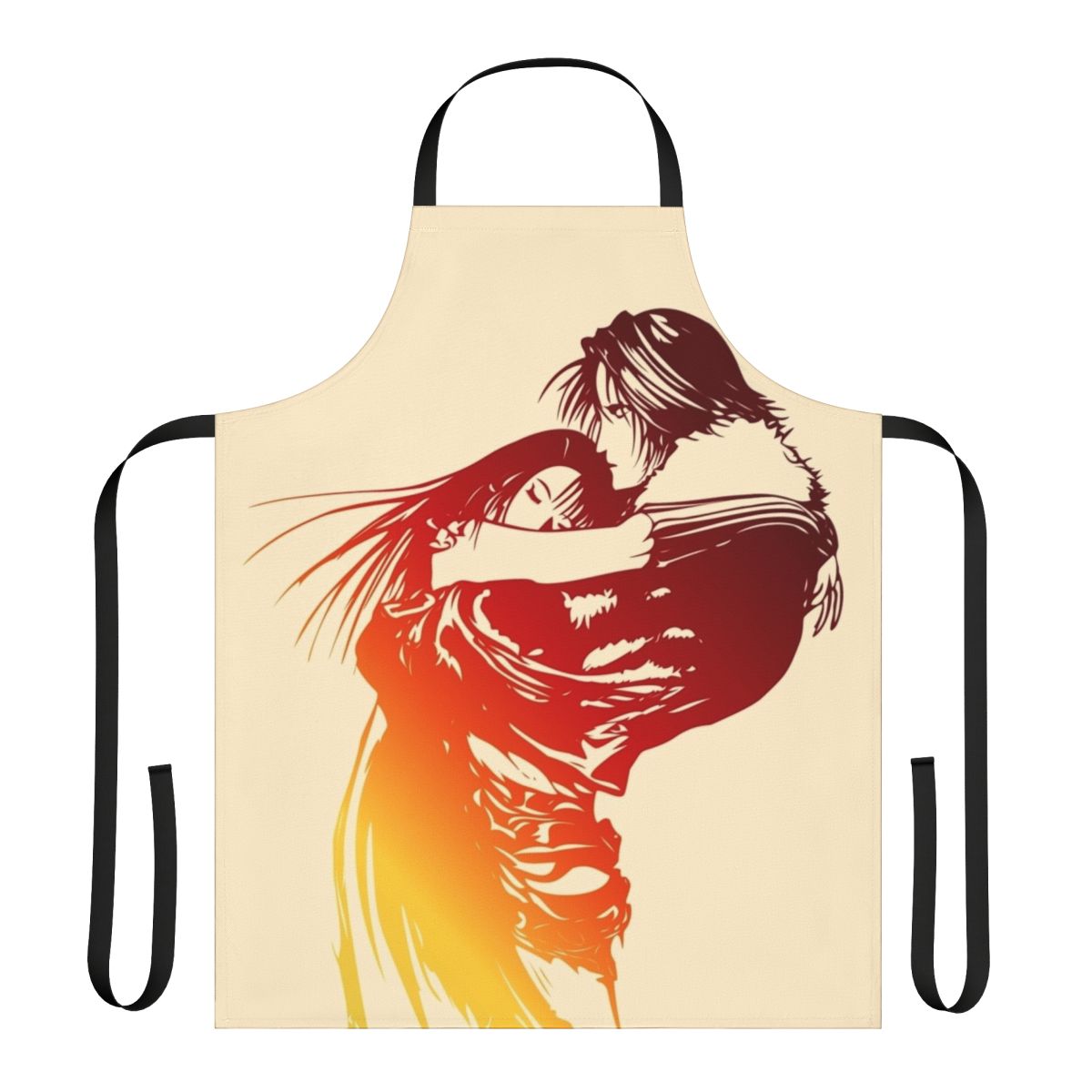 Apron with fantasy-inspired logo design, featuring characters from the Final Fantasy video game series