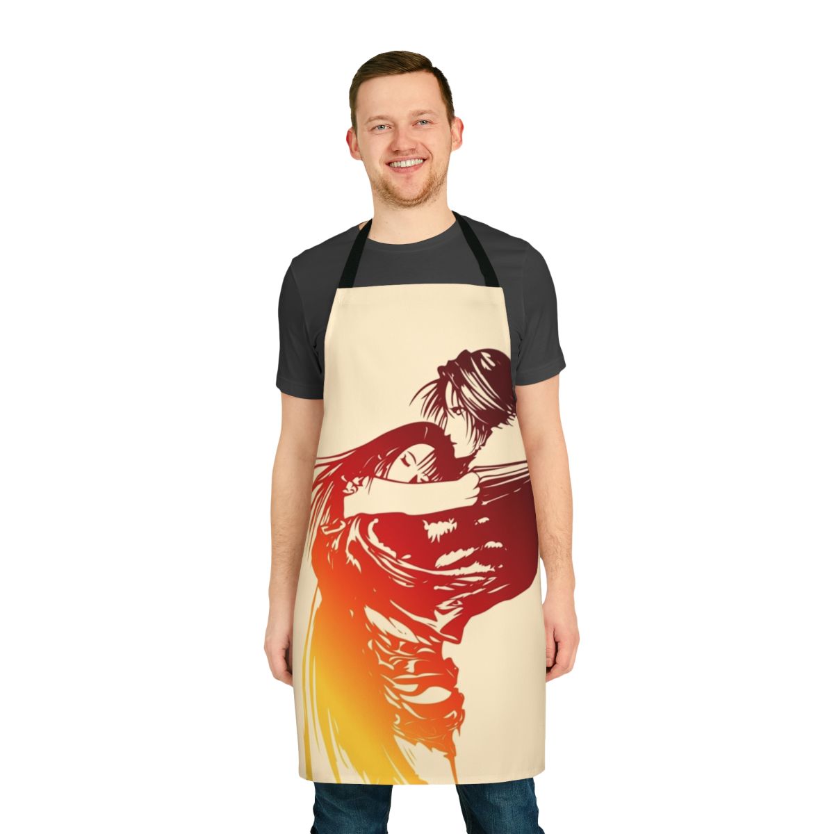 Apron with fantasy-inspired logo design, featuring characters from the Final Fantasy video game series