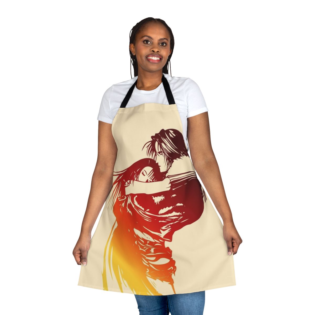 Apron with fantasy-inspired logo design, featuring characters from the Final Fantasy video game series
