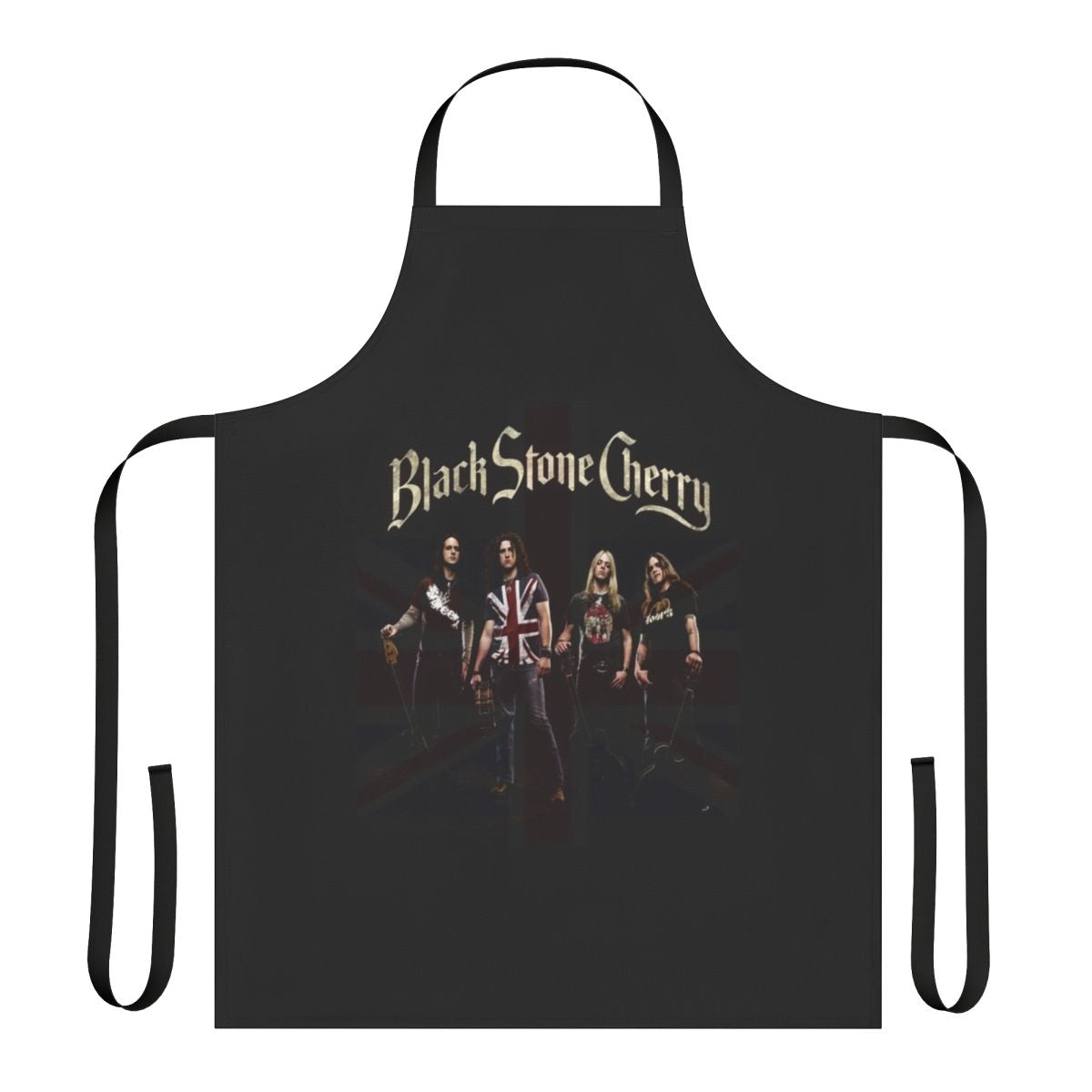 A black apron with a stylish hard rock band logo design.