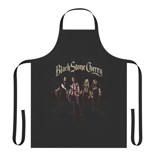 A black apron with a stylish hard rock band logo design.