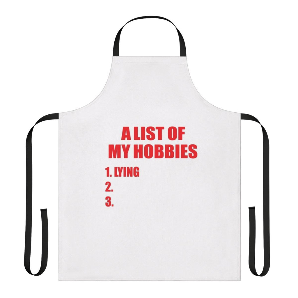 A personalized apron with a list of hobbies and activities