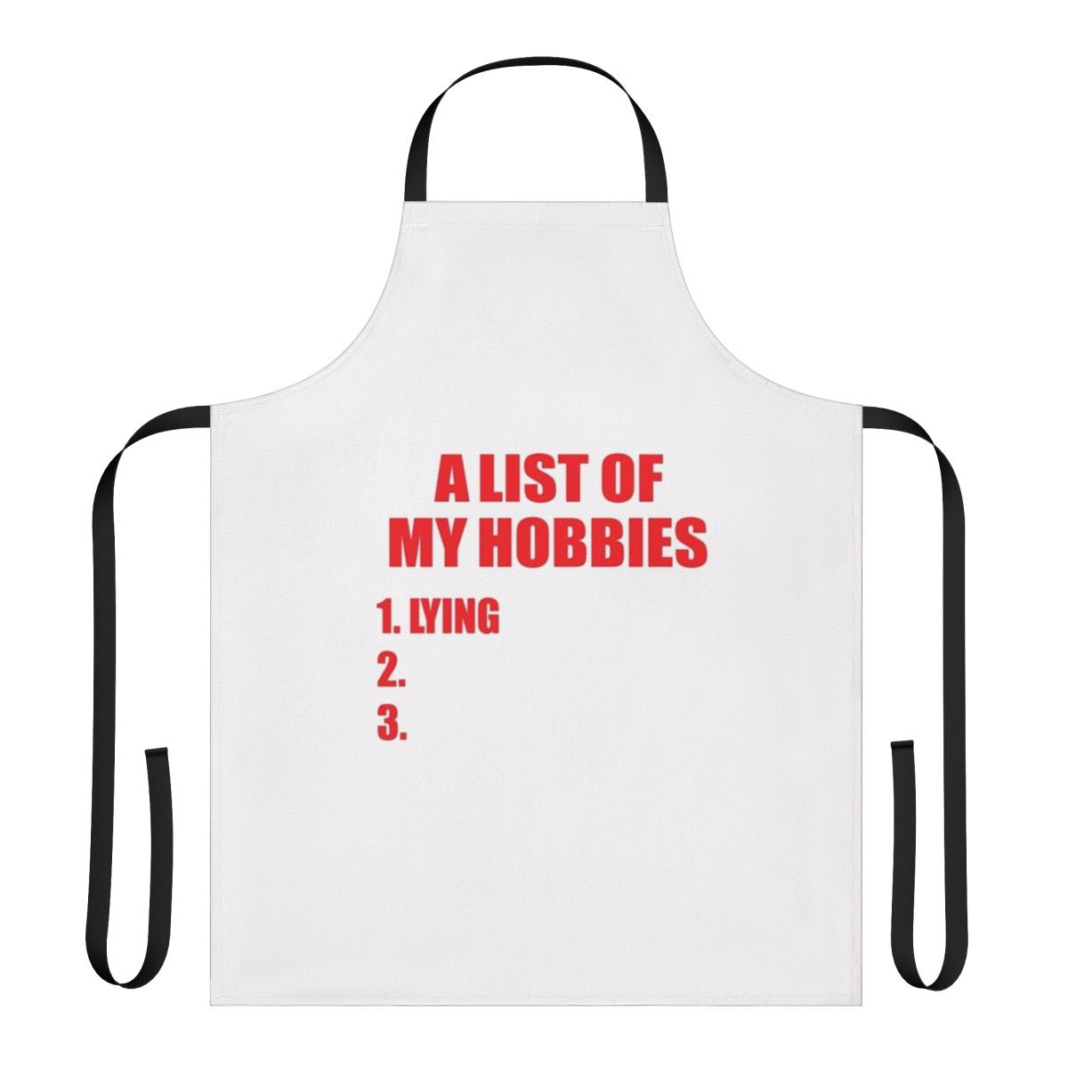 A personalized apron with a list of hobbies and activities