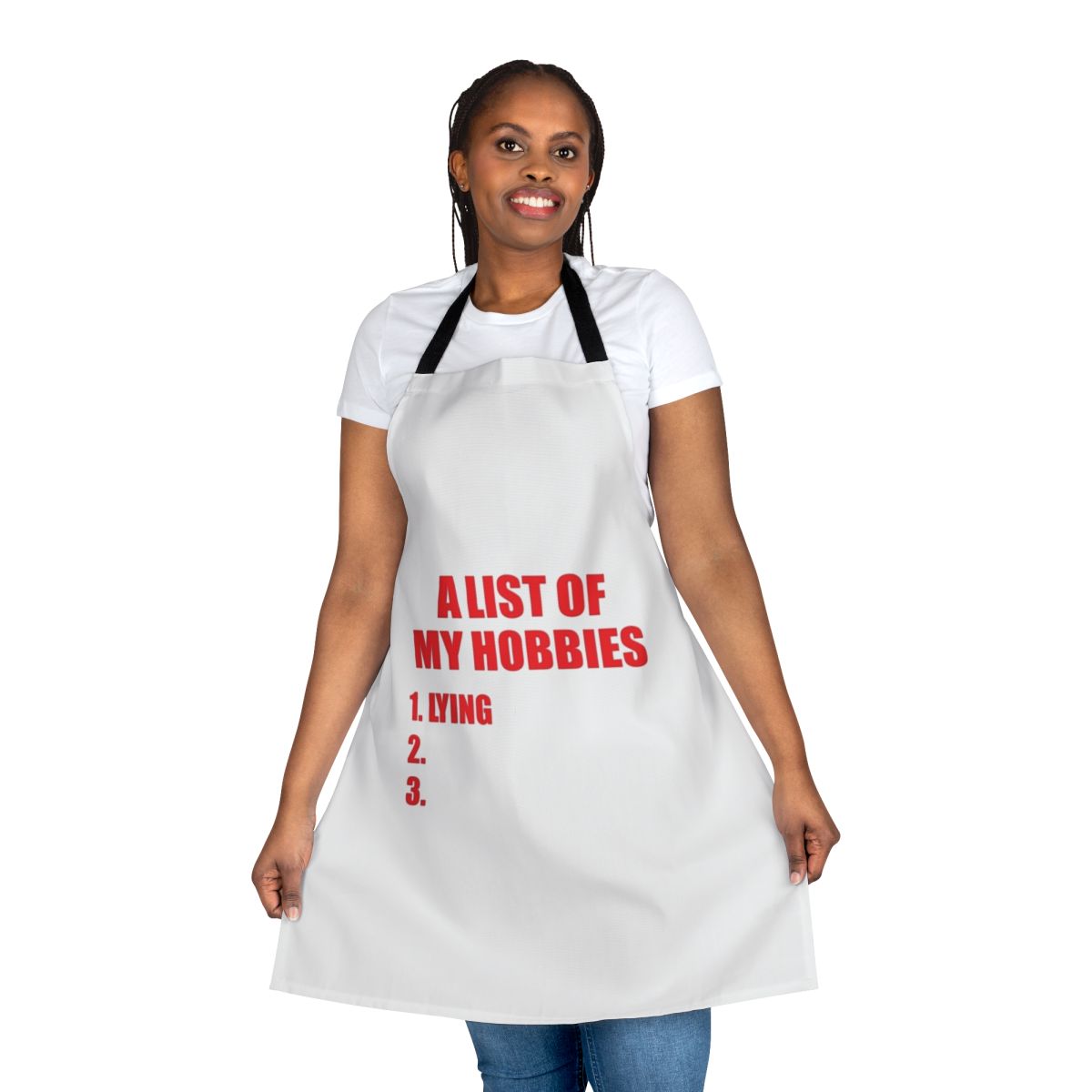 A personalized apron with a list of hobbies and activities