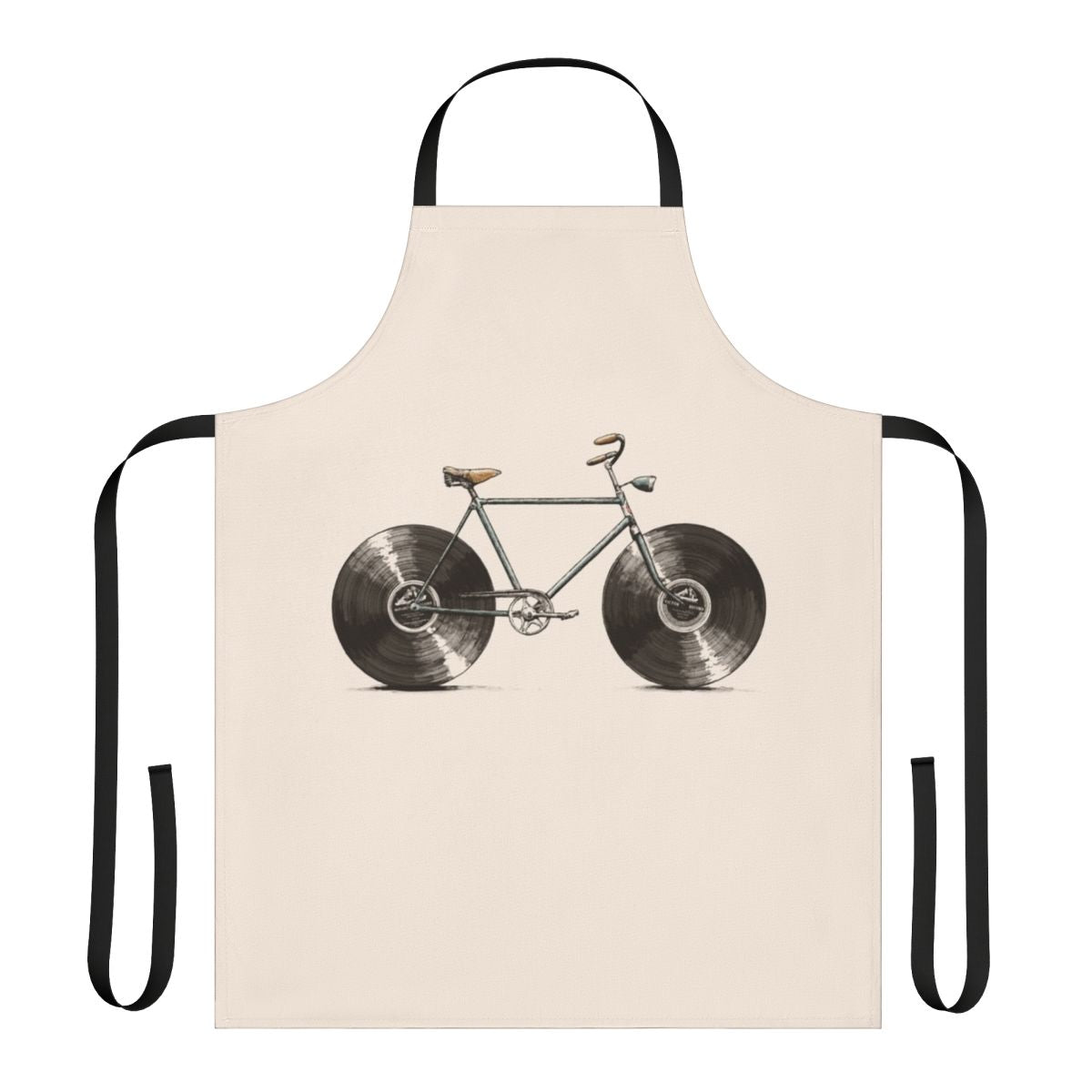 A colorful apron featuring musical notes, bikes, and vinyl records, perfect for kitchen or workshop use.