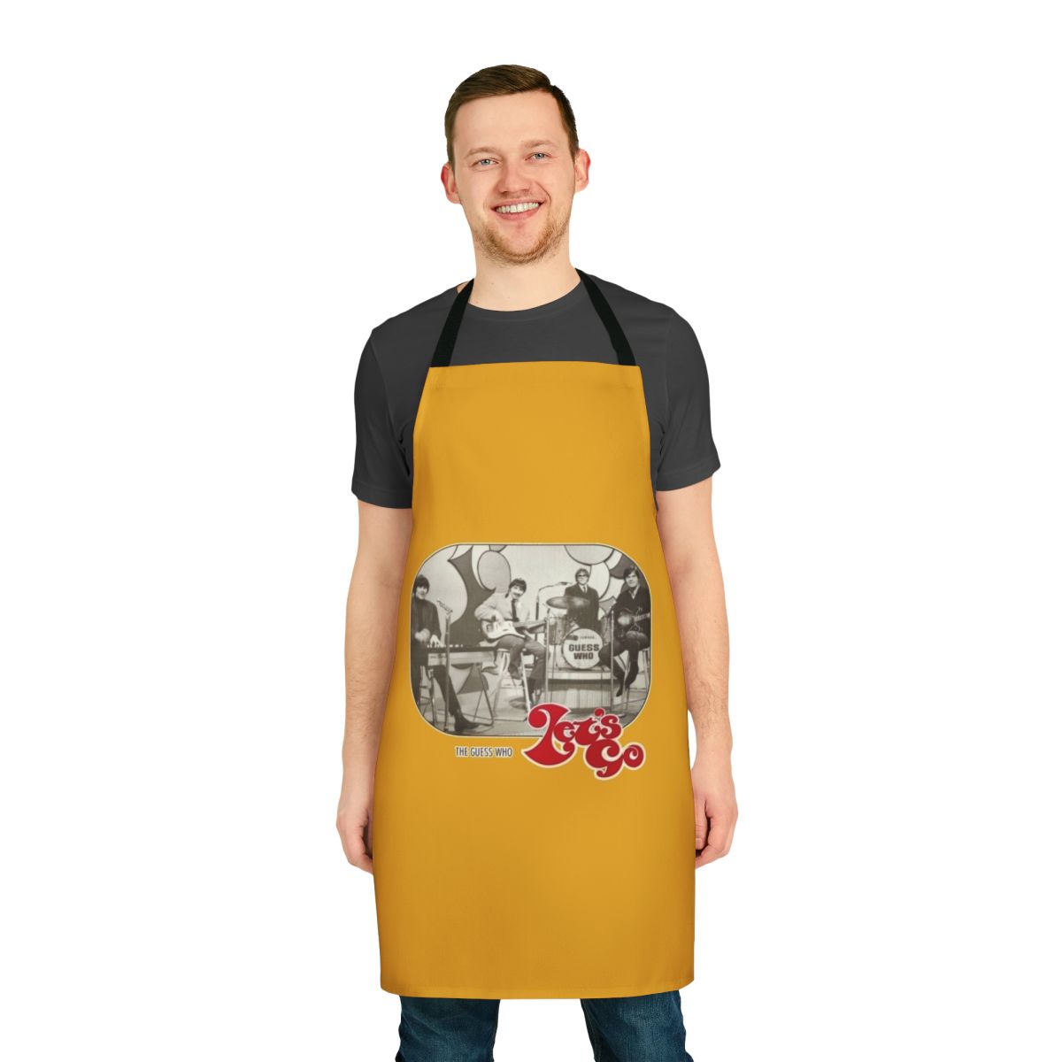 Customizable music-themed apron with The Guess Who-inspired design