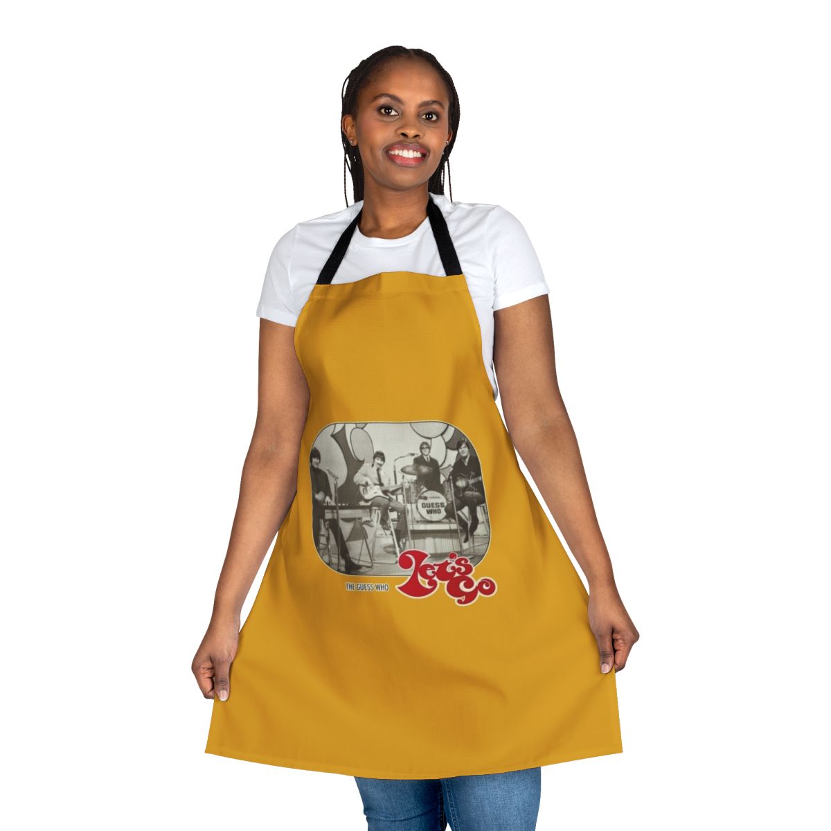 Customizable music-themed apron with The Guess Who-inspired design