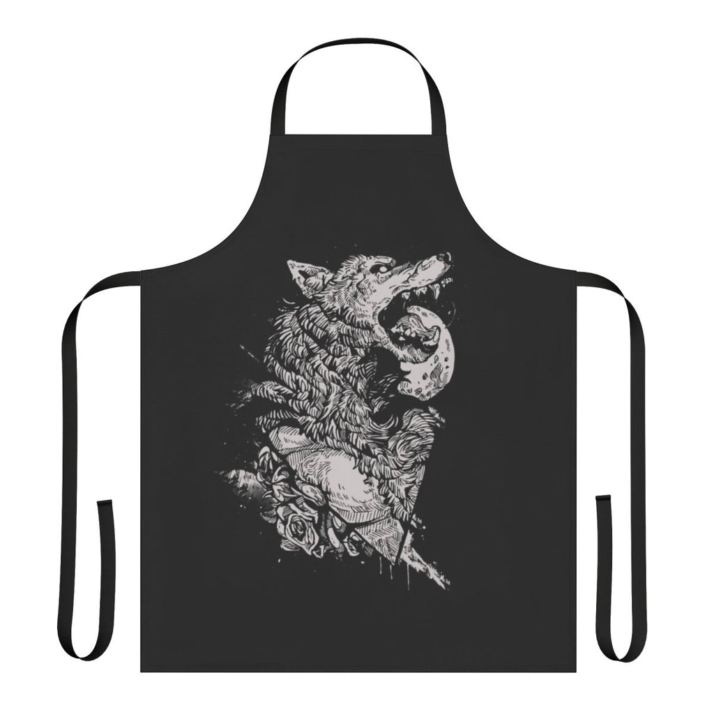 Person wearing a black apron with a werewolf and wolf design in ink style