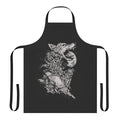 Person wearing a black apron with a werewolf and wolf design in ink style