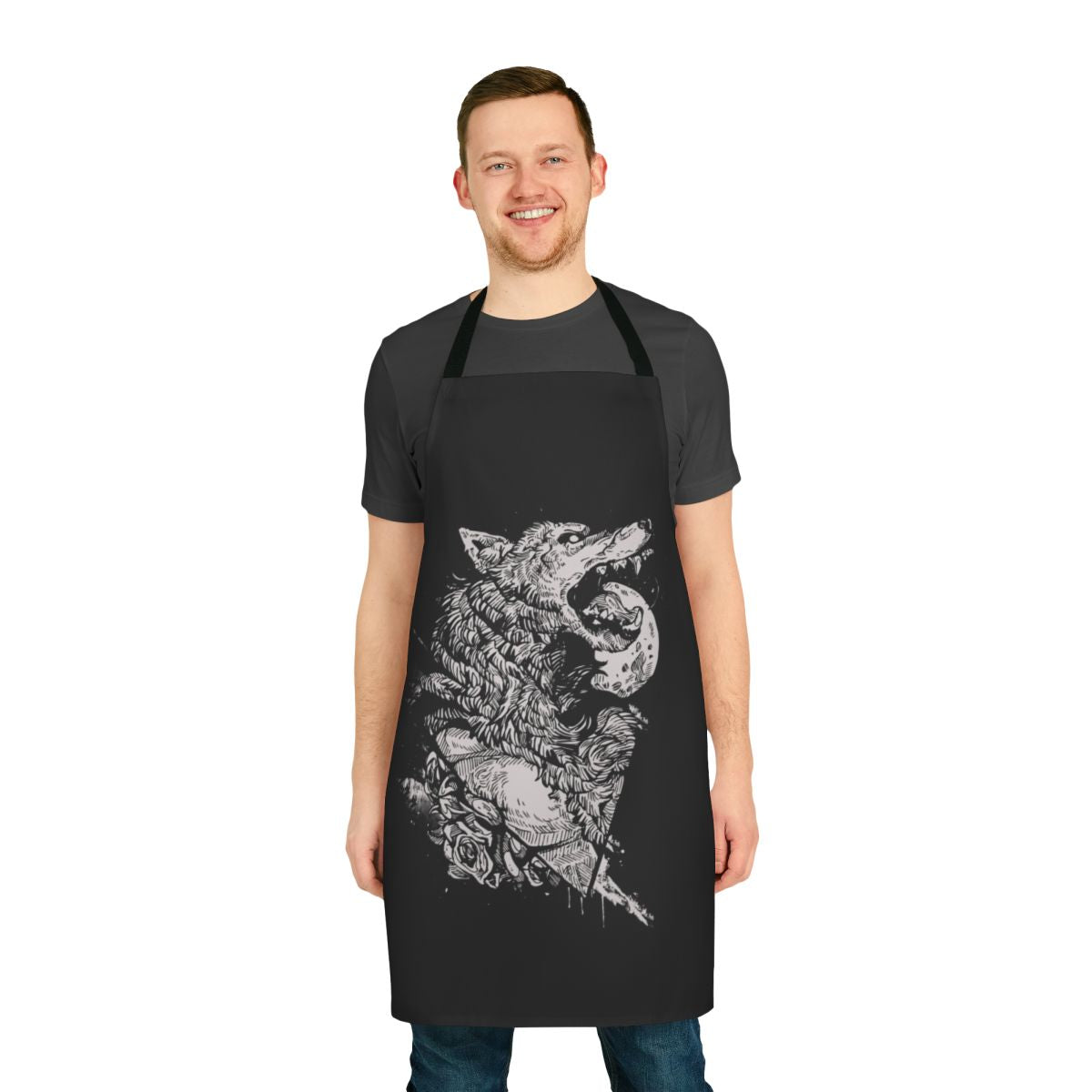 Person wearing a black apron with a werewolf and wolf design in ink style