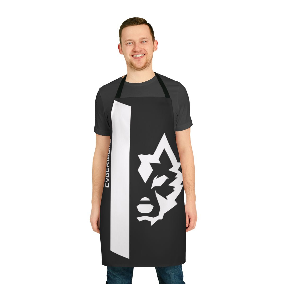 White shirt apron with cyberwear-inspired graphic design, suitable for furry and VR chat communities