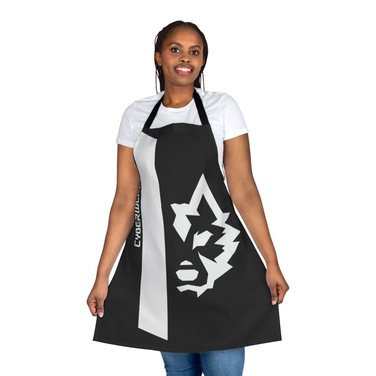 White shirt apron with cyberwear-inspired graphic design, suitable for furry and VR chat communities