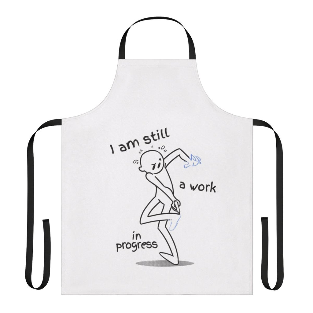 A personalized work in progress apron with the text "Work In Progress" printed on the front