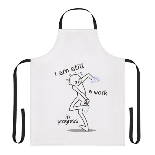 A personalized work in progress apron with the text "Work In Progress" printed on the front