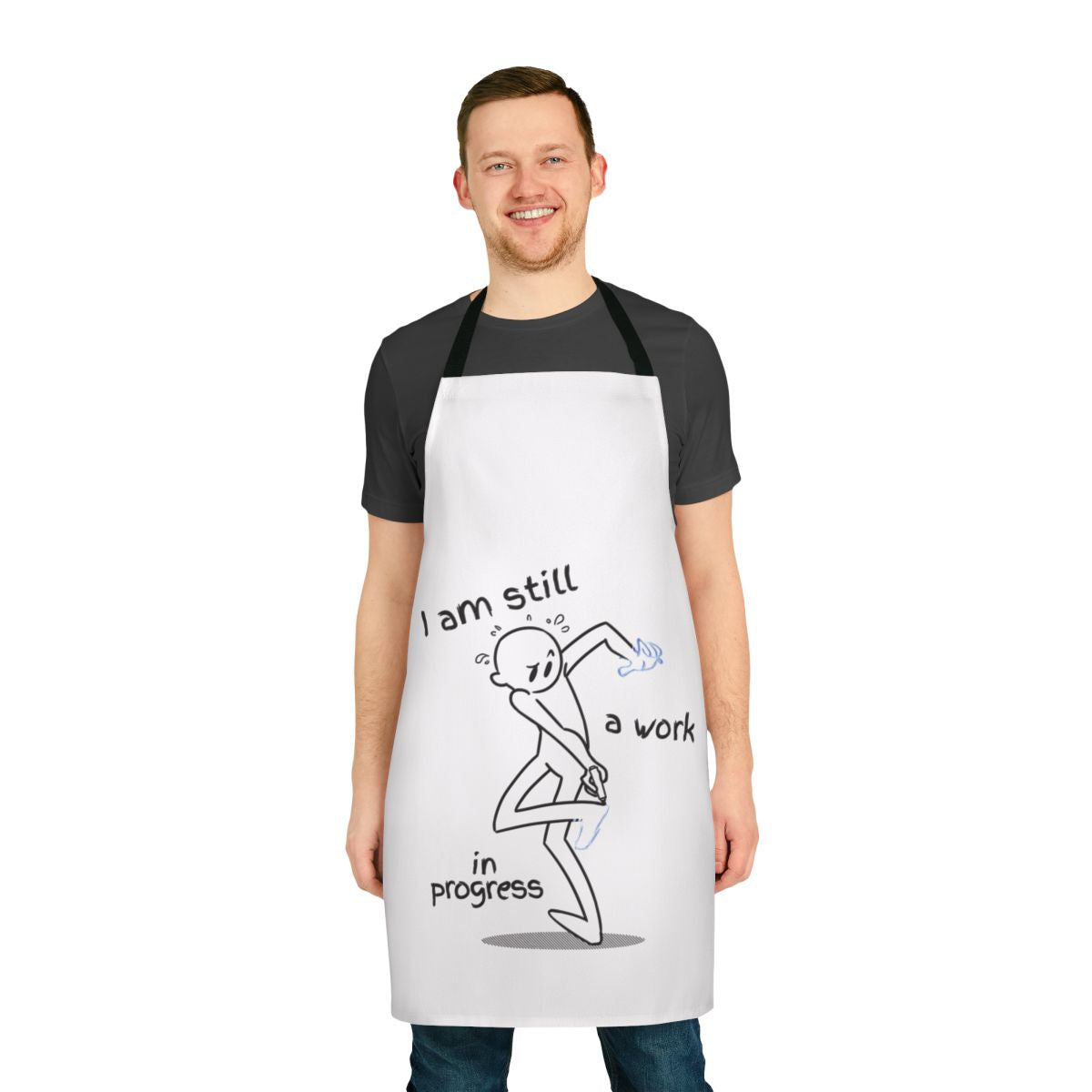 A personalized work in progress apron with the text "Work In Progress" printed on the front