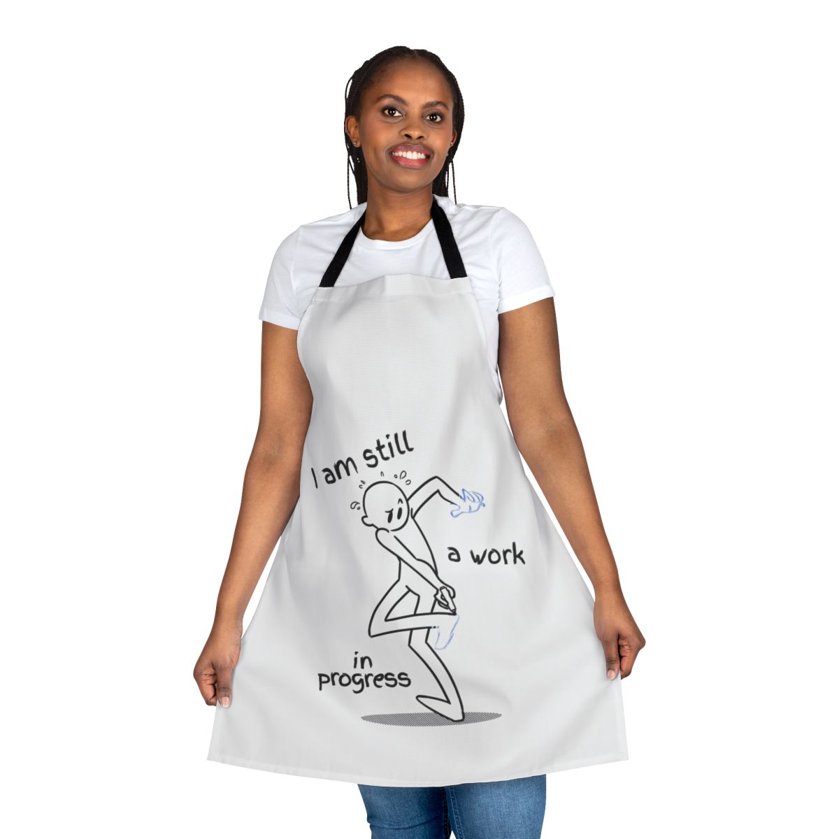 A personalized work in progress apron with the text "Work In Progress" printed on the front