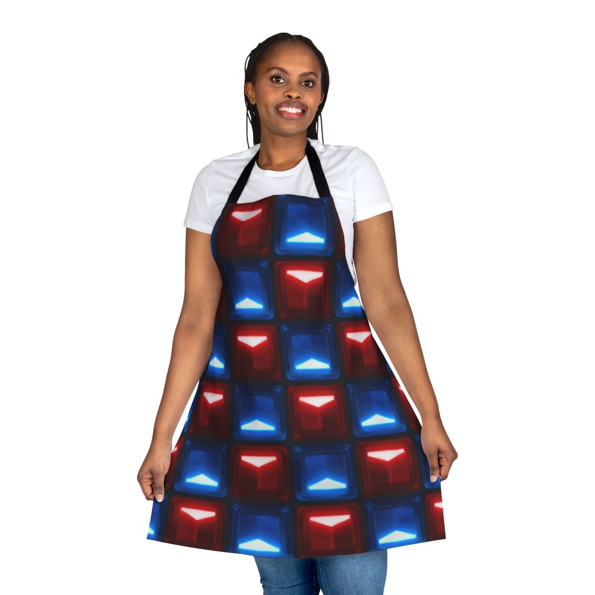 Beat Saber-inspired apron with custom block patterns
