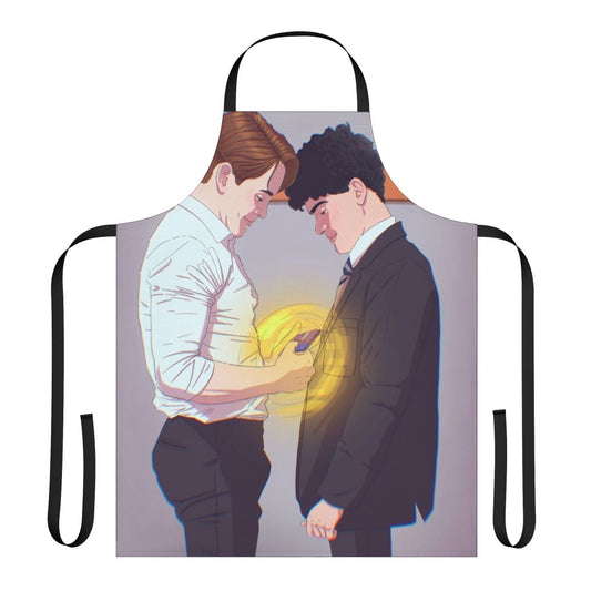 Custom Heartstopper apron featuring characters Charlie and Nick