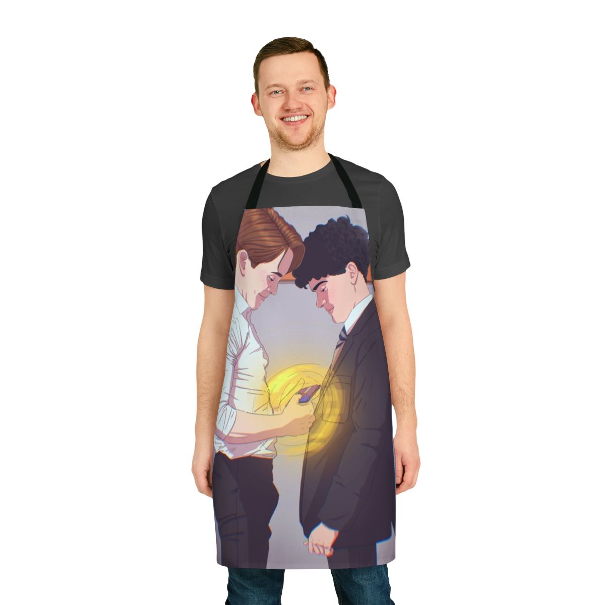 Custom Heartstopper apron featuring characters Charlie and Nick