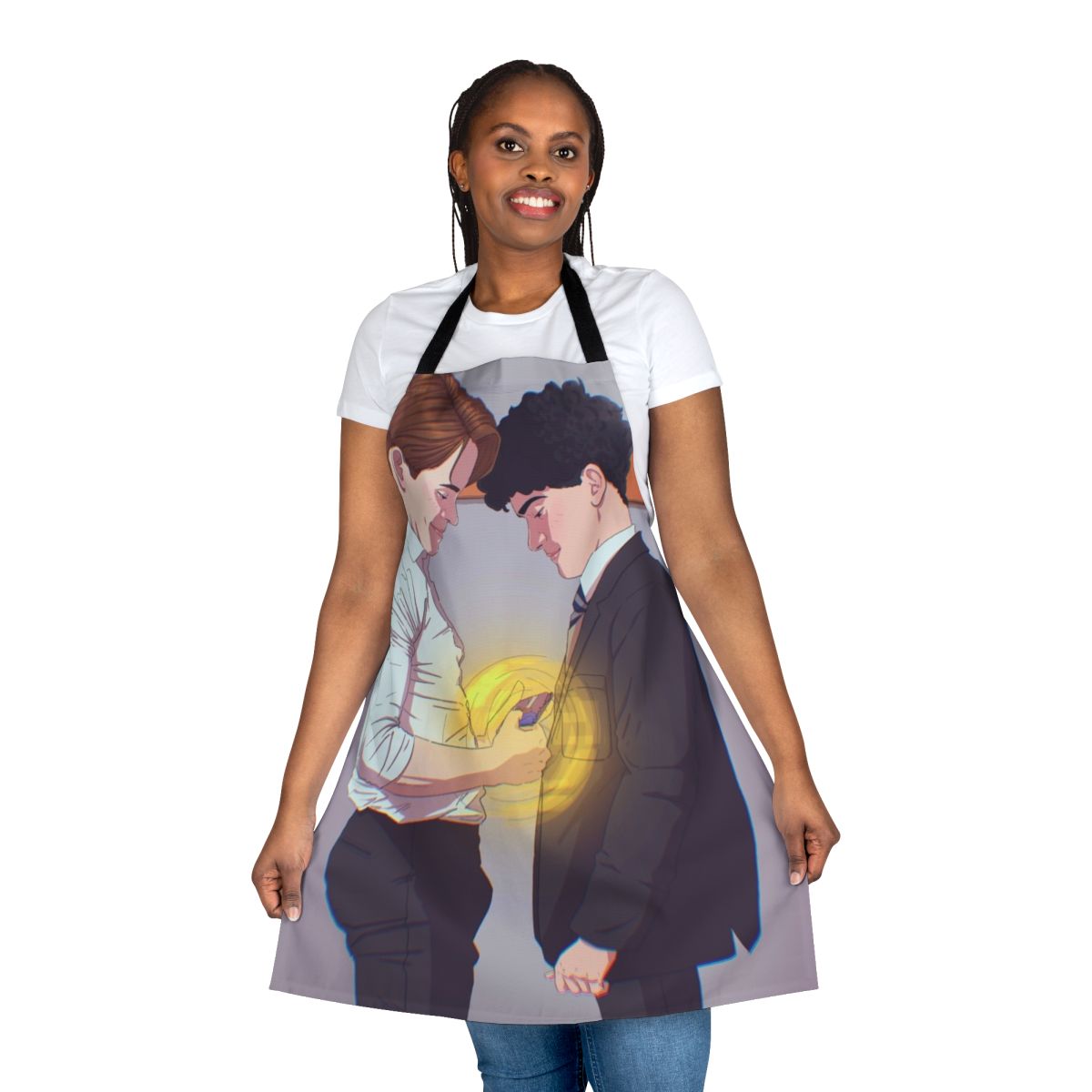 Custom Heartstopper apron featuring characters Charlie and Nick