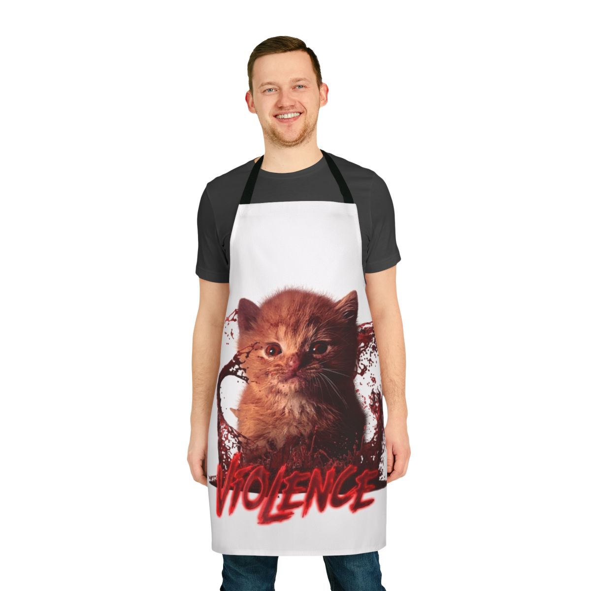A vibrant and whimsical apron featuring a playful cat design, perfect for adding a touch of humor to your kitchen.