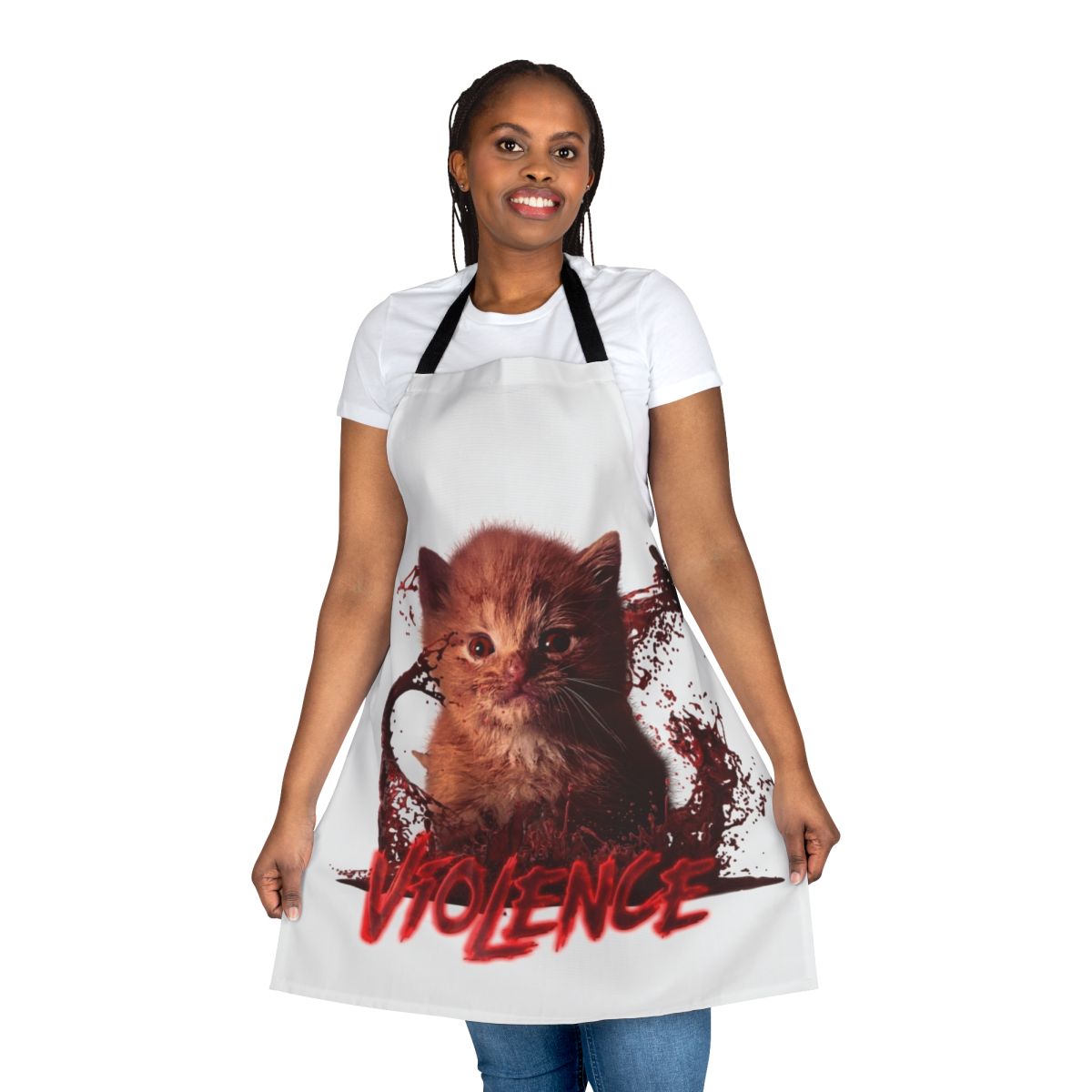 A vibrant and whimsical apron featuring a playful cat design, perfect for adding a touch of humor to your kitchen.