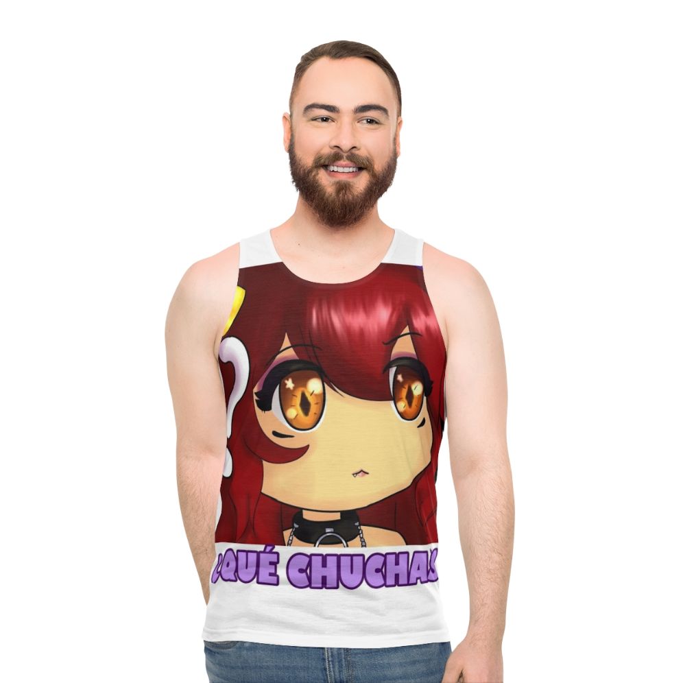 Cute anime girl wearing "What The Hell" unisex tank top