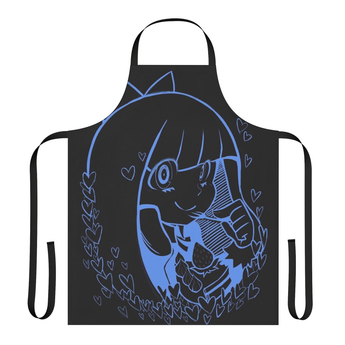 Cute anime-style apron featuring hearts and a blue color scheme, perfect for baking enthusiasts