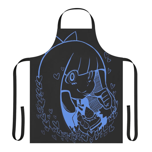 Cute anime-style apron featuring hearts and a blue color scheme, perfect for baking enthusiasts