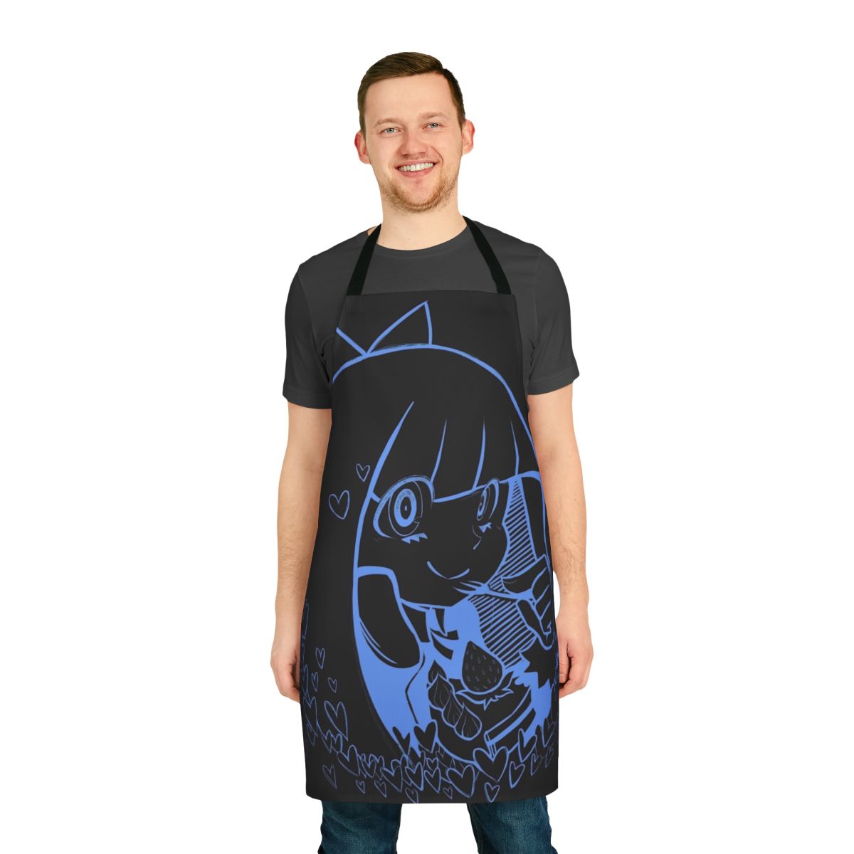 Cute anime-style apron featuring hearts and a blue color scheme, perfect for baking enthusiasts